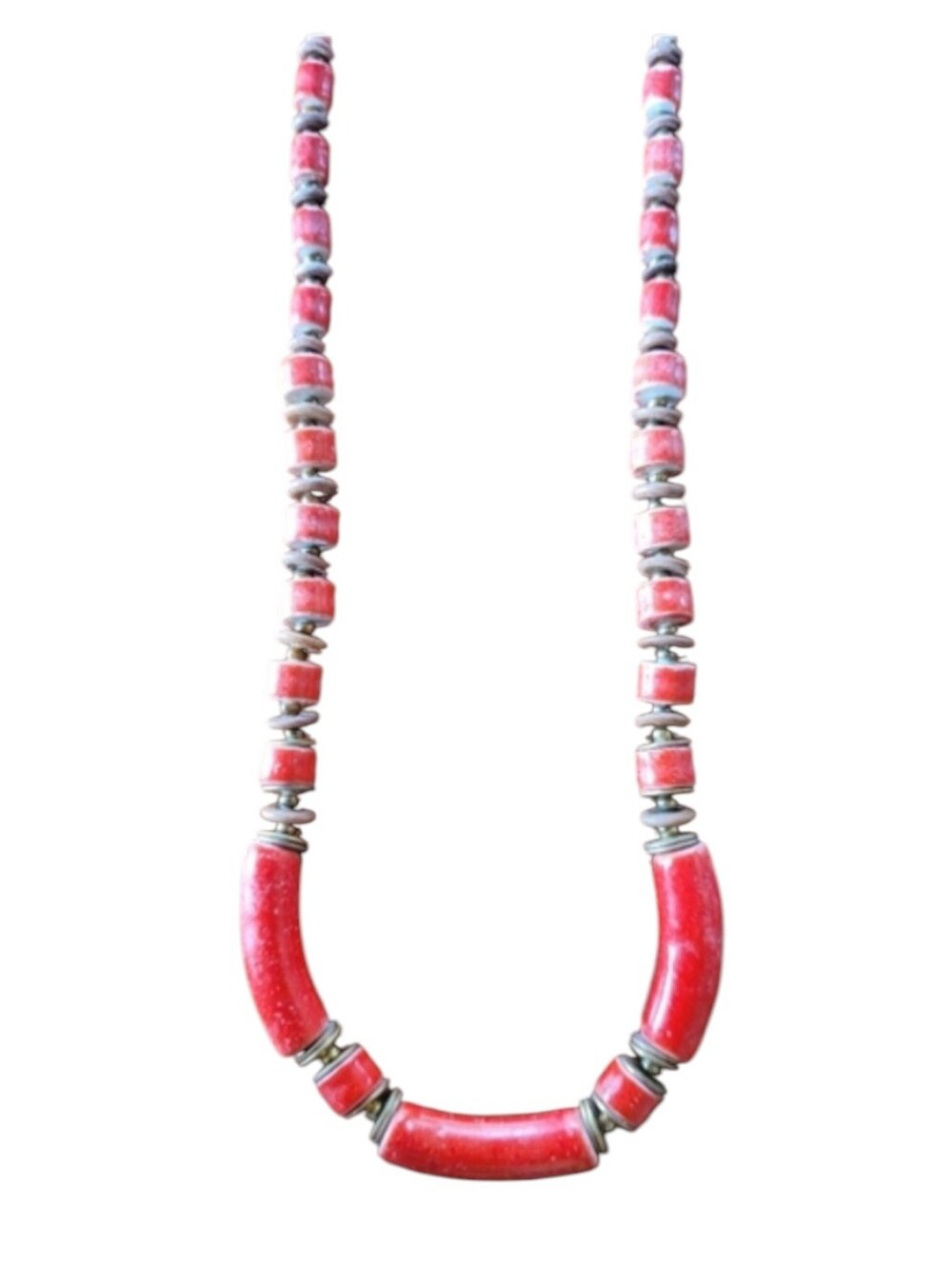 60s Red Macaroni Beaded Metal Costume Jewelry Necklace With Gold Clasp Closure